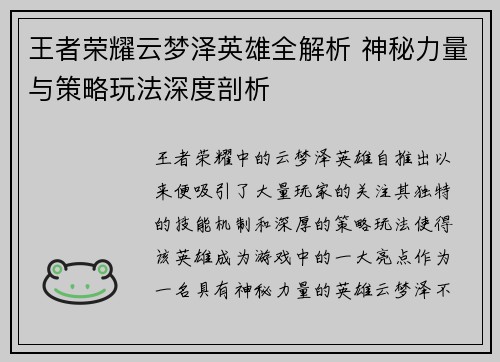 王者荣耀云梦泽英雄全解析 神秘力量与策略玩法深度剖析
