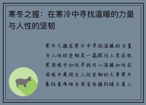 寒冬之握：在寒冷中寻找温暖的力量与人性的坚韧
