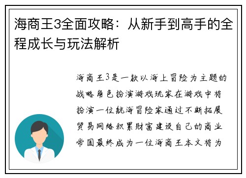 海商王3全面攻略：从新手到高手的全程成长与玩法解析